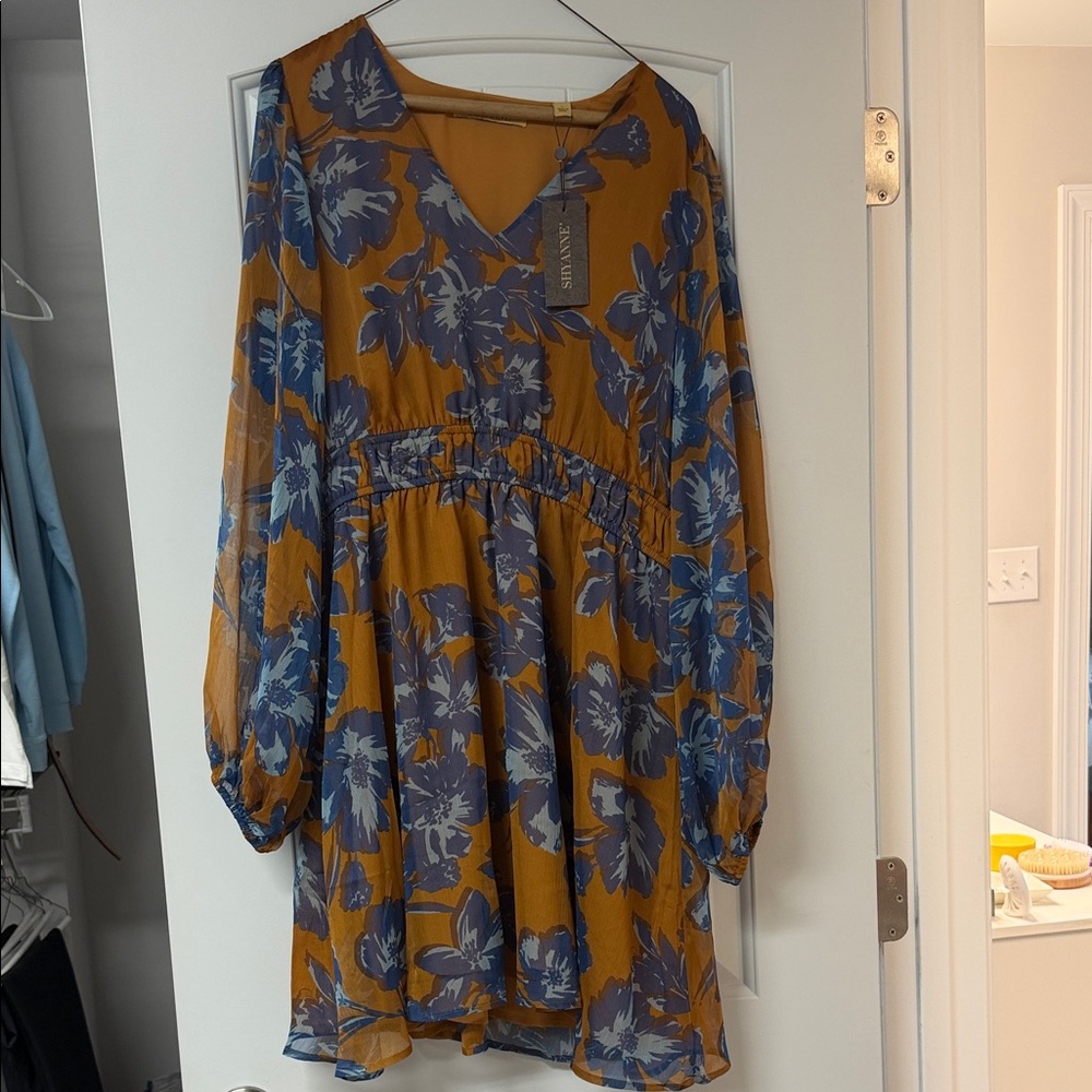 a new day Floral Long Sleeve Dress in Blue and Brown